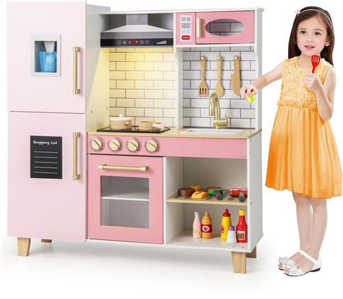 COSTWAY Kinderkeuken met accessoires, kinderkeuken met ijsmachine, afzuigkap, bord, grill en oven, speelkeuken met licht en geluid, houten keuken voor kinderen vanaf 3 jaar