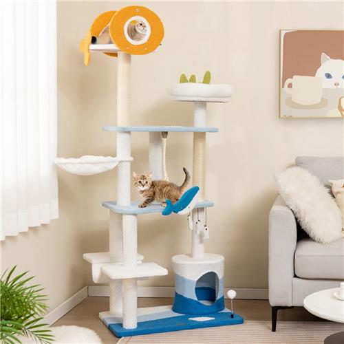 Krabpaal  Kattenboom  Kattenhuis  Kattenmeubel  Kattenkrabpaal  Multilevel Kattenboom  Duurzame Sisal Krabpalen  69x49x168 cm Blauw