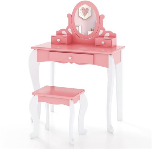 COSTWAY Kinderen kaptafel & kruk set, houten kleine prinses make-up tafel met 360 ° draaibare spiegel & 3 laden, multifunctionele kaptafel set met afneembare bovenkant (Roze)