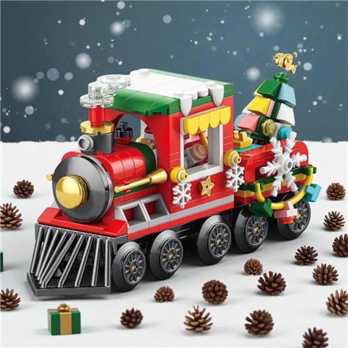 Bouw een vrolijke kerstrein met cadeaus, boom en winterse details