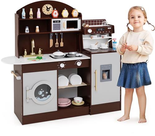 COSTWAY Kinderkeuken met accessoires, hoekspeelkeuken van hout met licht en geluid, houten keuken met koffiezetapparaat, magnetron, wasmachine, oven, hoekspeelkeuken voor kinderen vanaf 3 jaar