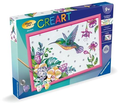 CreArt Kids 31x21cm Kolibrie en Exotische Bloemen, Schilderen op Nummer Kit, Leeftijd 7+, 25851, Ravensburger