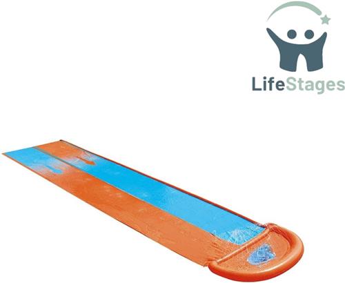 LifeStages - Buikschuifbaan - Dubbele Waterslide - 4,88 m Opblaasbare Tuinspeelgoed met Ingebouwde Sproeiers