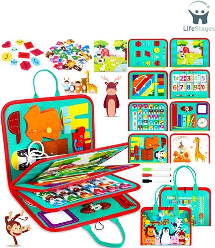 LifeStages - Montessori Activiteitenboek - Activiteitenbord Montessori - 9 in 1 Speelgoed - vanaf 1 2 3 4 Jaar - Activiteitenbord Baby - 3D Bord van Vilt Sensory Toy - Baby Boeken - Zachte Stof - Vroegtijdig Leren Levensvaardigheden