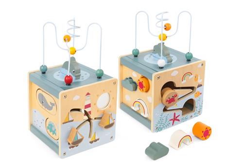 Houten Activiteitenkubus 5-in-1 - Baby Activiteitentafel - Montessori Speelgoed - Educatief Houten Speelgoed 2-6 Jaar - Ocean Game Box - Vormsorteren - Kralenspiraal - Puzzel