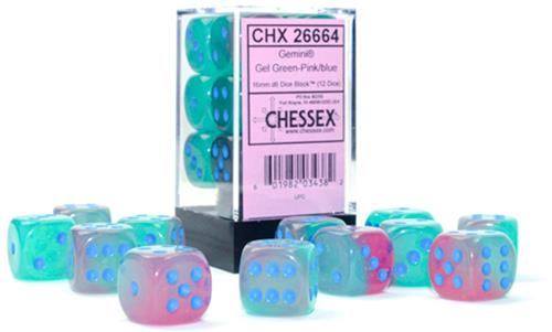 Chessex Gemini Gel Green-Pink/blue Luminary D6 16mm Dobbelsteen Set (12 stuks)
