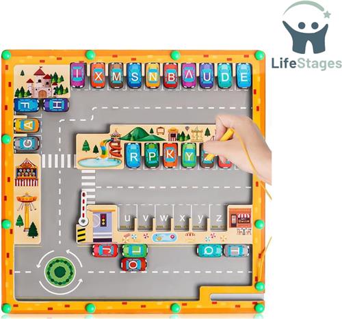LifeStages - Magnetisch Doolhof - Montessori Speelgoed voor Kinderen - Houten Magnetisch Doolhof - Parkeer Alfabet - Interactieve Educatieve Spellen