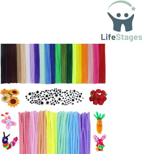 LifeStages - Pijpenragers - Pijpenragers voor Knutselwerkjes - 400 Stukjes - 300 Chenilledraad 30cm - 100 Zelfklevende Wiebeloogjes - Macaron Kleur - Pijpenrager - Wiebeloogjes - Zelfklevend - voor Doe-Het-Zelf Projecten
