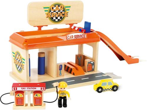 Small Foot houten autogarage met tankstation