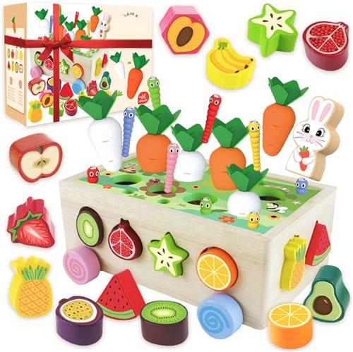 7-in-1 Montessori Educatief Speelgoed Voor Meisjes En Jongens Van 1-3 Jaar - Houten Wortel Oogst Spel, Kleur- En Vormsorteren Puzzels, Stapelen Kubussen, Baby Zintuiglijke Fruit Tuin Speelgoed
