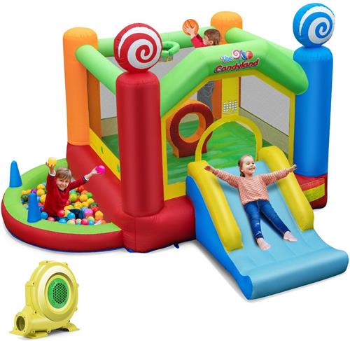 SureDeal® - Springkasteel - Met Ventilator - Glijbaan - Basketbalmand - All-in - Springkussen - Candyland - Binnen & Buiten - Blower - 385x360x250 cm