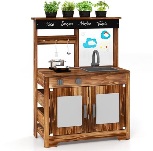 COSTWAY Modderkeuken voor kinderen, outdoor, kinderkeuken, dennenhout met 4 kookpotten, kraan en afneembare spoelbak en kookplaten, outdoorkeuken, speelkeuken met kookaccessoires voor kinderen vanaf 3
