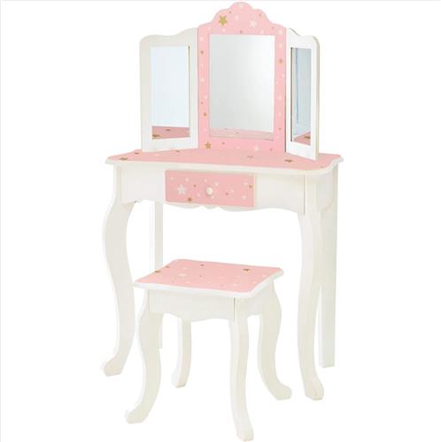 Kinder Kaptafel - Make Up Tafel Kind met Uitschuifbare Lade - Schminktafel Set met Driedelig Spiegelpaneel - Roze / Wit / Goud