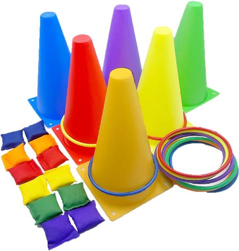 3-in-1 Carnavals-Speelset - Zachte Kunststof Kegels - Zitzakken - Ringwerpspellen Voor Kinderverjaardag - Feest - Outdoor-Spelletjes - Accessoires - 28-Delige Combi-Set
