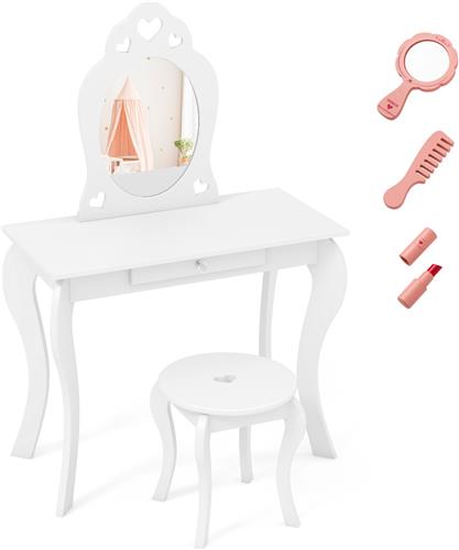 COSTWAY Kaptafel voor kinderen, kaptafel met kruk en afneembare spiegel, kaptafel van hout, met lade, 70 x 34 x 105 cm (wit)