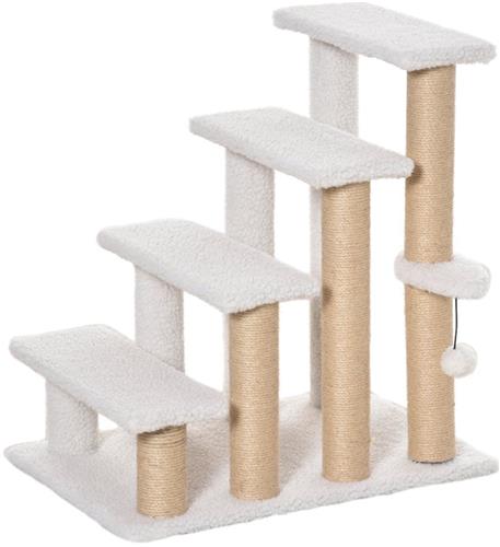 Huisdierentrap  Dierentrap  Hondentrap  Kattentrap  Huisdierenladder  Stevige MDF Trap  Met Pluche Bekleding en Sisal Krabpaal  60x40x64 cm  Wit/Beige