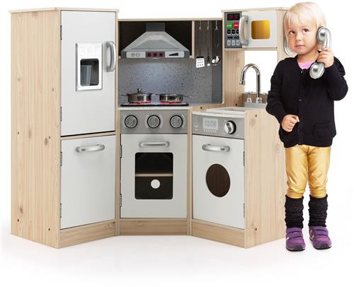 COSTWAY Kinderkeuken met accessoires, speelkeuken hout met licht en geluid, hoekkeuken kinderen incl. gootsteen oven magnetron kookplaat, speelgoedkeuken voor kinderen vanaf 3 jaar