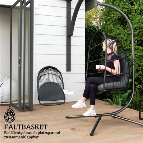 Hangstoel  Hangmand  Schommelstoel  Hangstoeltje  Zitzak  Poly Rattan  Inklapbaar Frame  Afneembaar Kussen  Max 150 kg  Donkergrijs  Voor Binnen & Buiten
