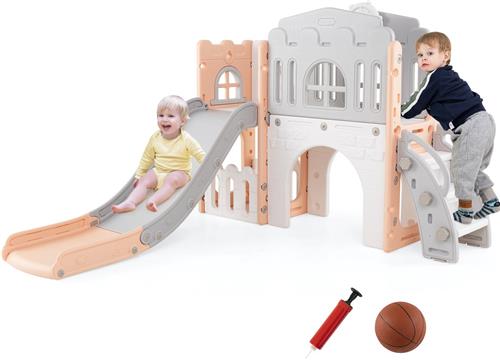 COSTWAY Kinderglijbaan, 9-in-1 kinderglijbaan met basketbalmand, klimrek, tunnel, telescoop en opbergruimte, kinderspeelplaats, binnen en buiten, peuterglijbaan vanaf 1 jaar oud (roze + grijs)