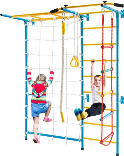 COSTWAY 7-in-1 klimwand voor kinderen, met net, metalen wandrek, gymnastiekapparaat, 197,5 x 83,5 x 223 cm, klimrek voor kinderen en volwassenen