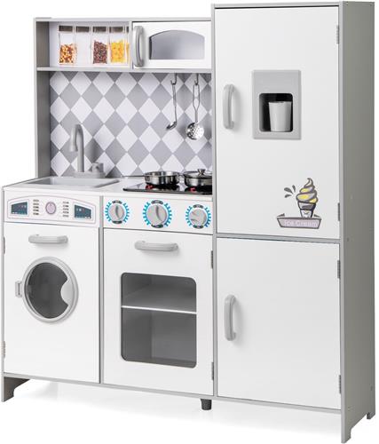 COSTWAY Houten kinderkeuken, speelkeuken met kookplaat, wasmachine, oven, magnetron, keukenaccessoires, houten keuken met licht en geluid, speelgoedkeuken, speelset voor kinderen vanaf 3 jaar