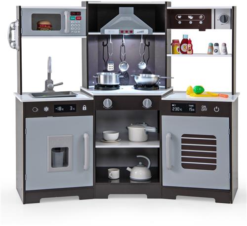 COSTWAY Kinderkeuken, hout, speelkeuken met afzuigkap, gootsteen, kraan, magnetron en oven, speelgoedkeuken met links en geluid, houten keuken met accessoires voor kinderen vanaf 3 jaar (bruin)