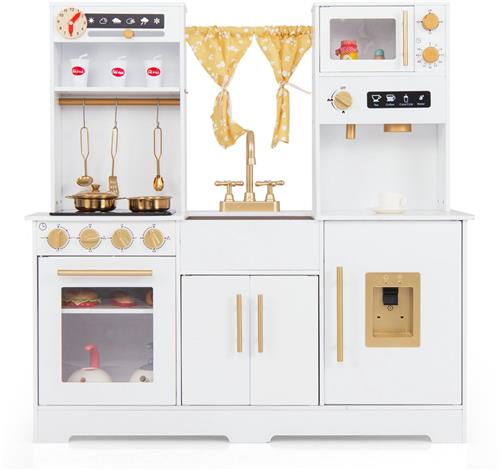 COSTWAY Kinderkeuken van hout, speelkeuken met licht en geluid, kinderkeuken met gootsteen, kraan, fornuis, waterdispenser, magnetron, speelgoedkeuken met accessoires voor kinderen vanaf 3 jaar, wit