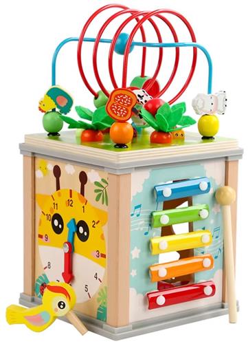 Houten Activiteitenkubus - Montessori Speelgoed 7-in-1 - Educatieve Activiteitentafel - Kralenbaan - Radijs Trekspel - Vormsorteren - Tandwielen - Sensorisch Speelgoed 1-3 jaar