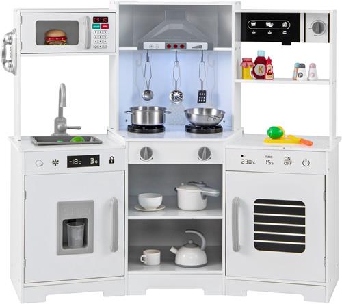 COSTWAY Kinderkeuken hout, speelkeuken met afzuigkap, gootsteen, kraan, magnetron en oven, speelgoedkeuken met links en geluid, houten keuken met accessoires voor kinderen vanaf 3 jaar (wit)