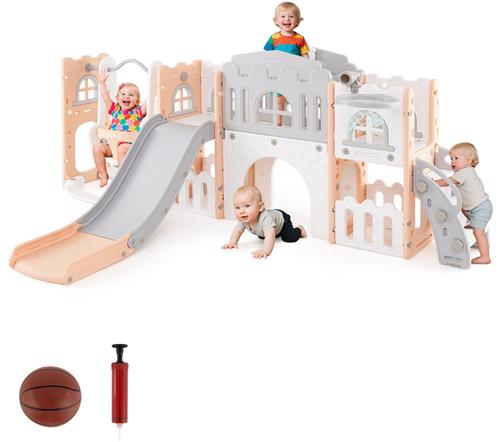 COSTWAY Montessori Kinderglijbaan met klimrek en schommel, glijset met schommel, basketbalkorf, telescopisch stuurwiel, indoor speelplaats voor kinderen vanaf 1 jaar (grijs + roze)