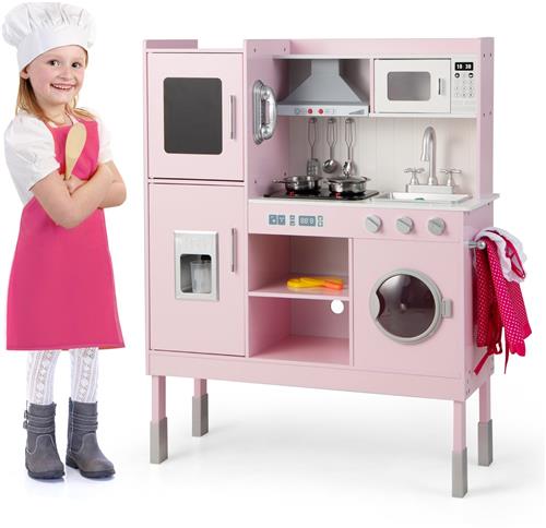 COSTWAY Kinderkeuken met 16 speelaccessoires, speelkeuken hout incl. afzuigkap & ijsmachine & telefoon & wasmachine & magnetron, speelgoedkeuken voor kinderen vanaf 2 jaar, roze (83 x 29 x 103 cm)