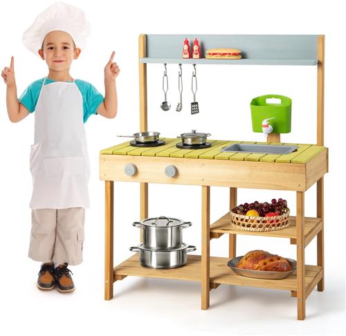 COSTWAY Modderkeuken voor buiten, kinderkeuken, hout met waterfunctie, speelkeuken met haak en afneembaar rek, tuinkeuken, cadeaus voor kinderen vanaf 3 jaar