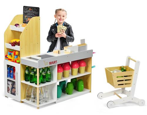 COSTWAY Supermarkt speeltoestel met winkelwagentje, kinderkassa speelgoed, kassa pretenderen speeltuig, met scanner, kaartveegmachine, betaalkaart, 5 houten munten, pretenderen speelgoed voor kleuters