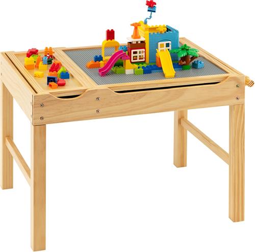 COSTWAY 2-in-1 kindertafel met omkeerbaar tafelblad, speeltafel van grenenhout met opbergruimte, zijstang en papierrol, activiteitstafel, legotisch voor kinderen vanaf 3 jaar (natuur)