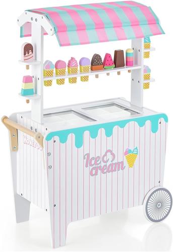 COSTWAY IJswagen voor kinderen met 12 ijsjes, winkelwinkel van hout met 2 wielen, duwgreep en luifel, winkelwagen met opbergruimte en legplank voor kinderen vanaf 3 jaar