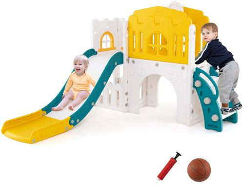 COSTWAY Kinderglijbaan, 9-in-1 kinderglijbaan met basketbalmand, klimrek, tunnel, telescoop en opbergruimte, kinderspeelplaats, binnen en buiten, peuterglijbaan vanaf 1 jaar oud (geel + groen)