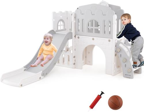 COSTWAY Kinderglijbaan, 9-in-1 kinderglijbaan met basketbalmand, klimrek, tunnel, telescoop en opbergruimte, kinderspeelplaats, binnen en buiten, peuterglijbaan vanaf 1 jaar oud (grijs)