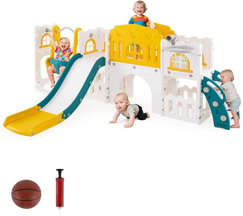 COSTWAY Montessori Kinderglijbaan met klimrek en schommel, glijset met schommel, basketbalkorf, telescopisch stuurwiel, indoor speelplaats voor kinderen vanaf 1 jaar (groen + geel)