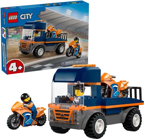 LEGO® City Transportwagen voor Motoren - Dieplader - Bouwset met Speelgoedvoertuigen - 2 Speelgoedmotoren - 2 Minifiguren - Eenvoudig te Bouwen Vrachtwagenmodel voor Jongens en Meisjes Vanaf 4 Jaar - Cadeau voor Kinderverjaardagen - 60491