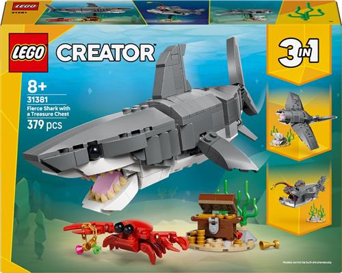LEGO® Creator 3in1 Woeste Haai met Schatkist - Zeedierenspeelgoed - Set met 3 Bouwmogelijkheden, Haai, Lantaarnvis of Mantarog Figuren - Cadeau voor Kinderen Vanaf 8 Jaar - 31381