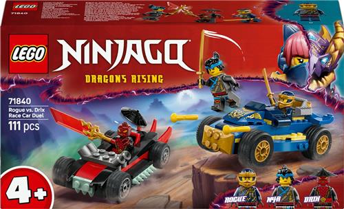LEGO® NINJAGO® Rogue vs. Drix Racewagenduel, Ninjaspeelset met 3 Minifiguren, 2 Raceauto's, 2 Ninjakatana's en een Onthullingszwaard, Cadeautje voor Kinderen Vanaf 4 Jaar 71840