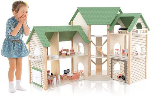 COSTWAY Poppenhuis van hout, 83 cm hoog met 36 meubels en accessoires, poppenvilla met 6 kamers, terras en garage, cadeau voor meisjes vanaf 3 jaar (model 1)