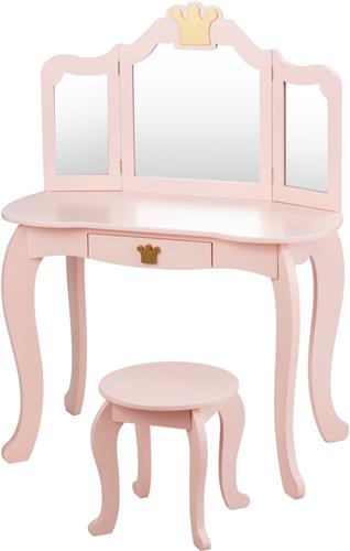 COSTWAY Kaptafel voor kinderen, met kruk en afneembare spiegel, houten kaptafel voor meisjes, kindertafel met lade, spiegeltafel, 80 x 42 x 105 cm (roze)