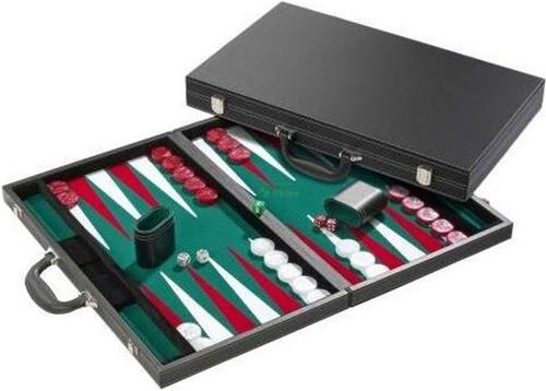 Backgammon lederlook ingelegd vilt zwart/rood/ivoor 38cm
