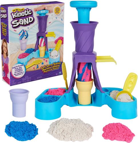Kinetic Sand - Softijsjes Speelset met 396 g origineel Kinetic Sand in blauw roze en wit - 2 ijshoorntjes en 2 stuks gereedschap - Sensorisch speelgoed