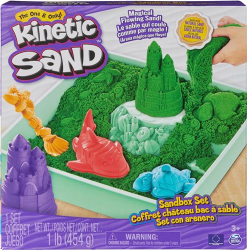 Kinetic Sand - Zandbak-set met 454 g groen origineel Kinetic Sand opbergzandbak 4 vormen en gereedschap - Sensorisch speelgoed