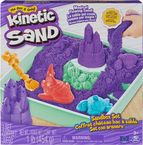 Kinetic Sand - Zandbak-set met 454 g paars origineel Kinetic Sand opbergzandbak 4 vormen en gereedschap - Sensorisch speelgoed