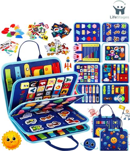 LifeStages - Montessori Activiteitenboek - Activiteitenbord - 9-In-1 Montessori-Speelgoed - 5 Lagen - Speelgoed Voor De Motorische Vaardigheden Van Peuters - Sensorisch Educatief Speelgoed Voor Jongens En Meisjes 1-6 Jaar - (Blauw)