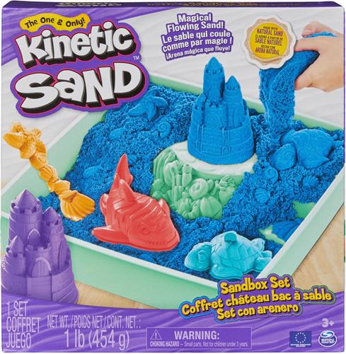 Kinetic Sand - Zandbak-set met 454 g blauw origineel Kinetic Sand - opbergzandbak 4 vormen en gereedschap - Sensorisch speelgoed