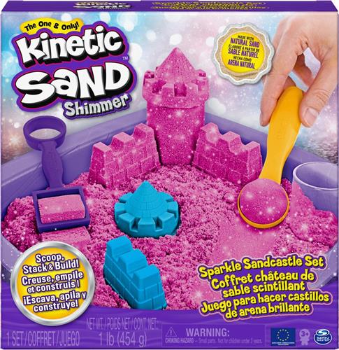Kinetic Sand Shimmer - Zandkasteel-set met 453 g roze glinsterend origineel Kinetic Sand 3 vormpjes en 2 stuks gereedschap - Sensorisch speelgoed